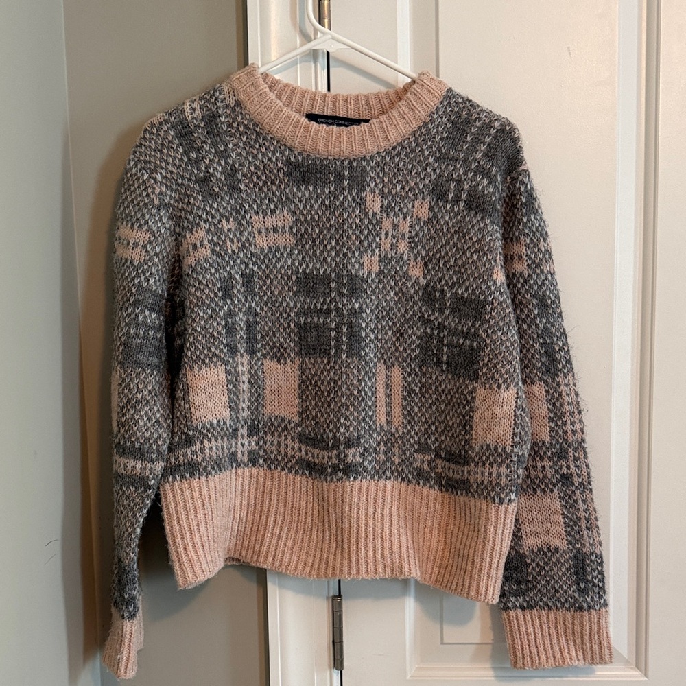 French Connection Pink and Gray Patterned Crewneck Sweater